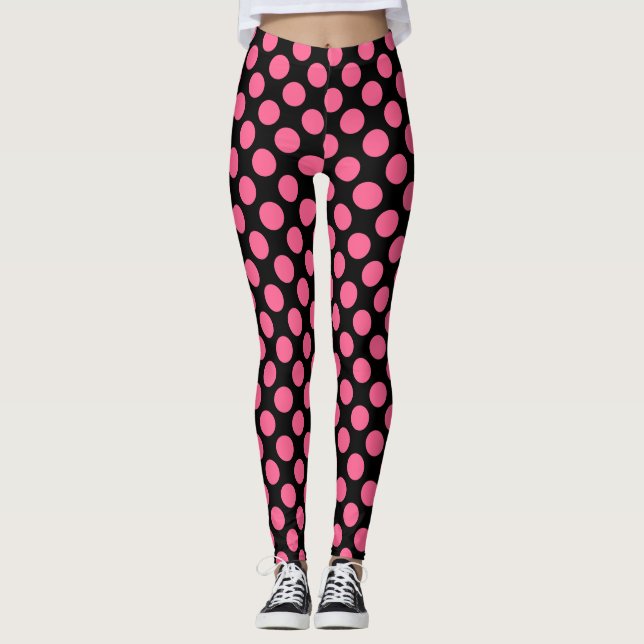 Hot Pink Big Polka Dots Muster auf schwarzen Leggi Leggings (Vorderseite)