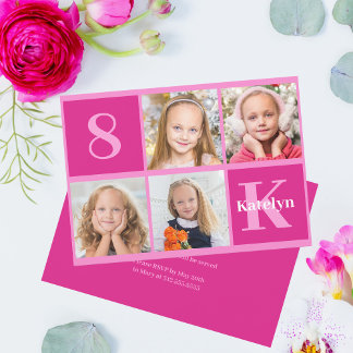 Hot Pink Birthday Girl Foto Collage Chic Party Einladung