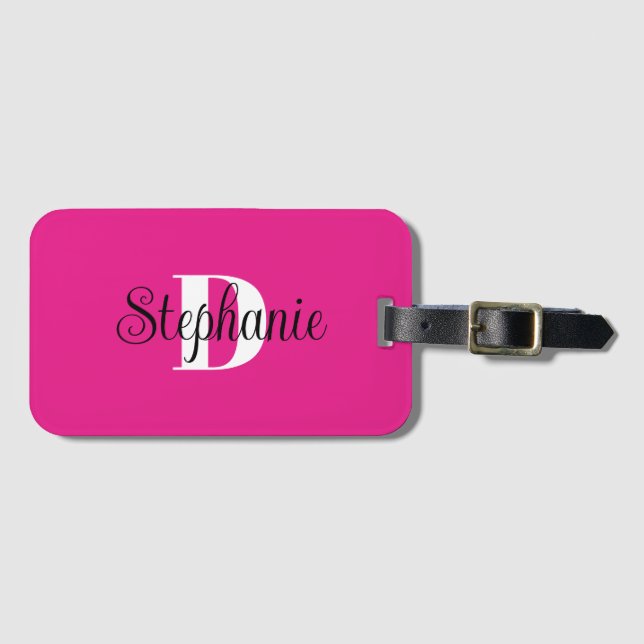 Hot Pink Black and White Modern Monogram Gepäckanhänger (Vorderseite (Horizontal))