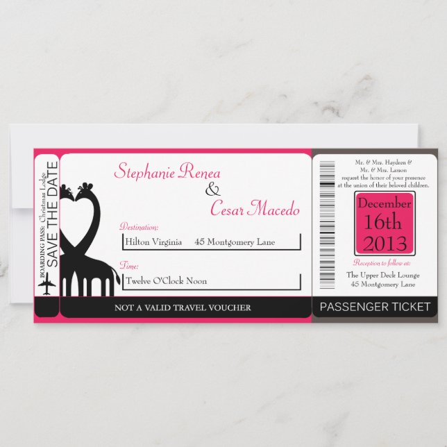 Hot Pink/Black Boarding Pass Einladung Hochzeit (Vorderseite)