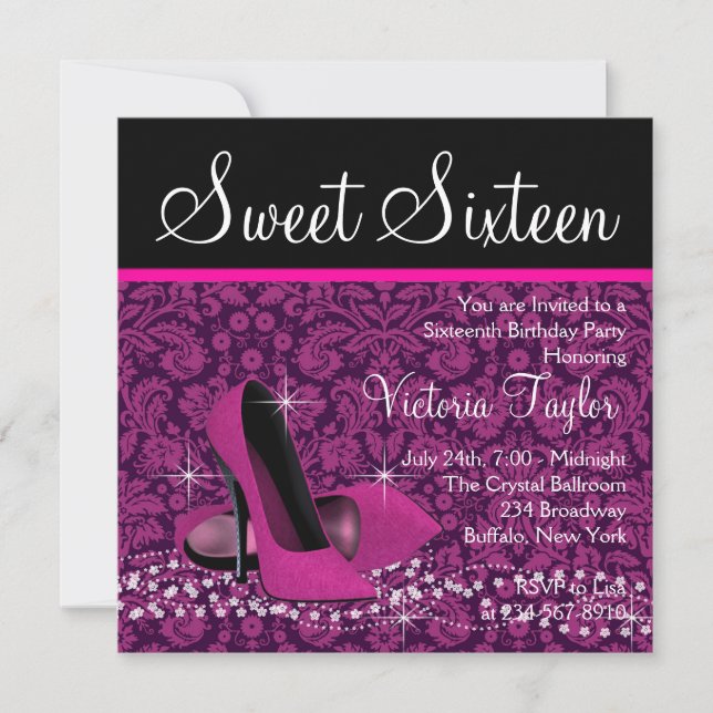 Hot Pink Black Damask High Heels Sweet 16 Party Einladung (Vorderseite)
