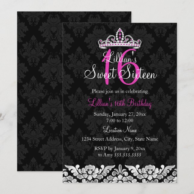 Hot Pink Black Damask & Tiara Sweet 16 Einladung (Vorne/Hinten)