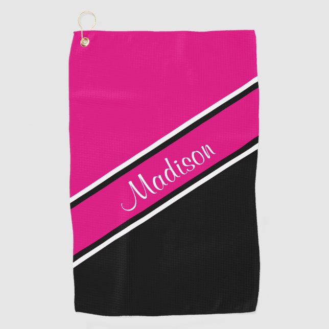 Hot Pink Black Diagonal Strip Skriptname Golfhandtuch (Vorderseite)