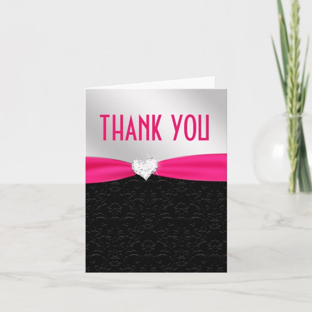 Hot Pink Black Floral Damask Diamond Vielen Dank Dankeskarte (Vorderseite)
