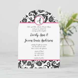 Hot Pink & Black Floral Damask Einladung zur Hochz