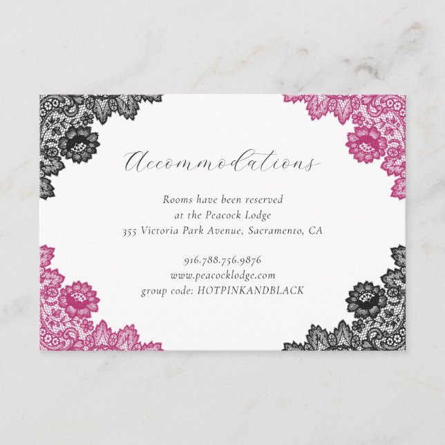 Hot Pink Black Floral Lace Wedding Accommodation Begleitkarte (Vorderseite)