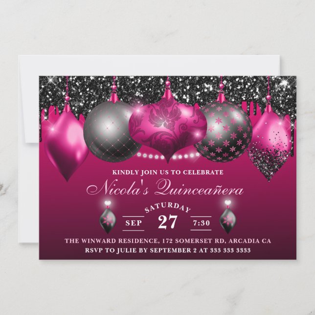 Hot Pink & Black Glitzer Baubles Quinceanera Einladung (Vorderseite)