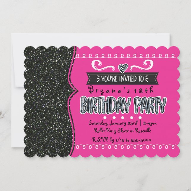 Hot Pink & Black Glitzer Girls Party Einladungen (Vorderseite)