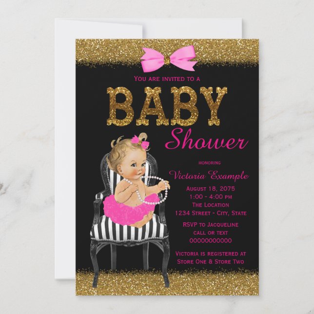 Hot Pink Black Gold Chic Girl Baby Dusche Einladung (Vorderseite)