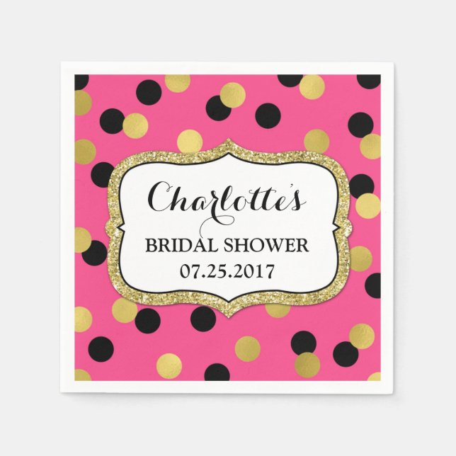 Hot Pink Black Gold Confetti Brautparty Serviette (Vorderseite)