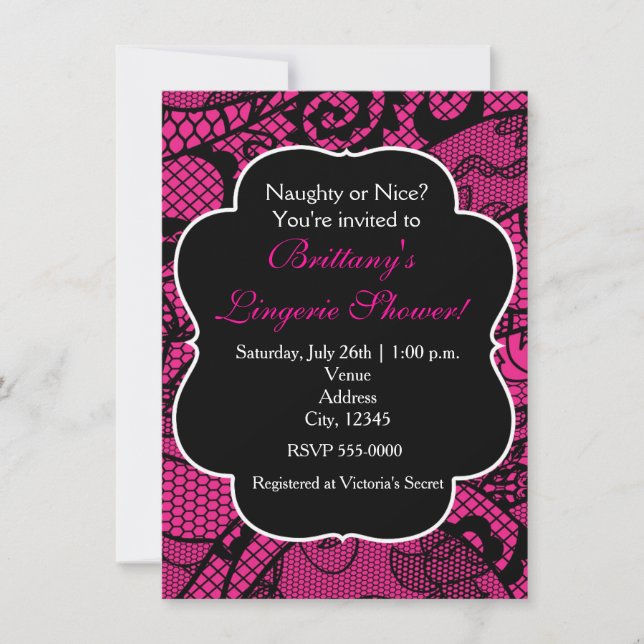 Hot Pink & Black Lace Lingerie Dusche Einladung (Vorderseite)