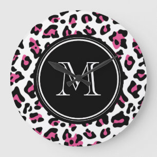 Hot Pink Black Leopard Animal Print with Monogram Große Wanduhr