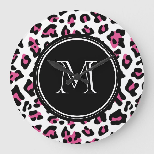 Hot Pink Black Leopard Animal Print with Monogram Große Wanduhr (Vorderseite)