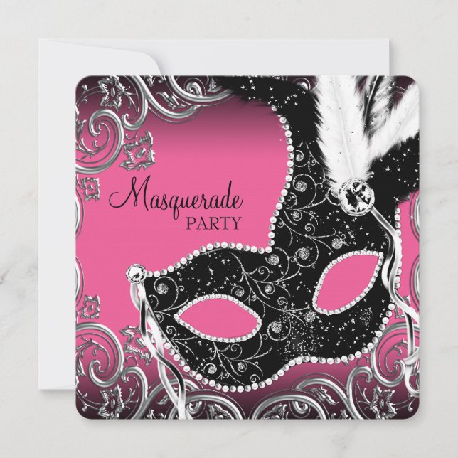 Hot Pink Black Mask Masquerade Party Einladung (Vorderseite)