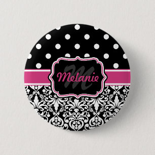 Hot Pink Black Mit Monogramm Damask Polka Dot Button