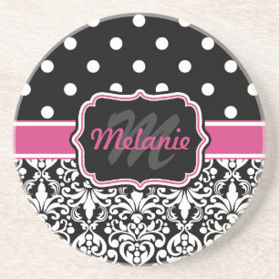 Hot Pink Black Mit Monogramm Damask Polka Dot Getränkeuntersetzer