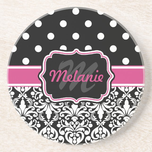 Hot Pink Black Mit Monogramm Damask Polka Dot Getränkeuntersetzer (Vorne)