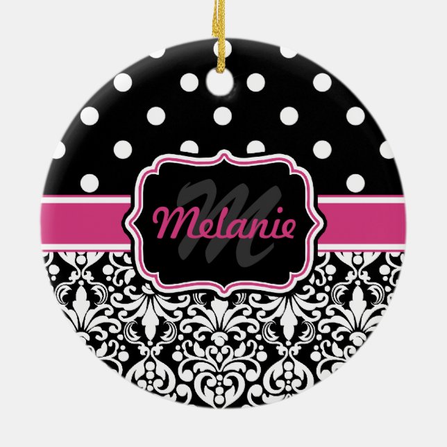 Hot Pink Black Mit Monogramm Damask Polka Dot Keramik Ornament (Hinten)