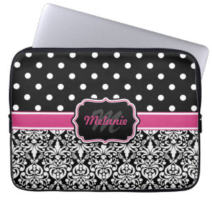 Hot Pink Black Mit Monogramm Damask Polka Dot Laptopschutzhülle