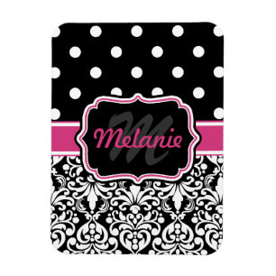 Hot Pink Black Mit Monogramm Damask Polka Dot Magnet