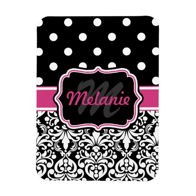 Hot Pink Black Mit Monogramm Damask Polka Dot Magnet (Vertikal)