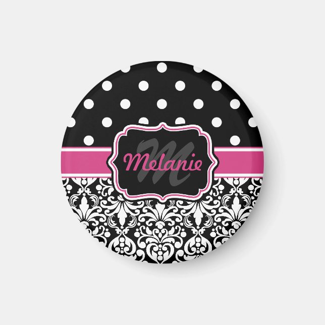 Hot Pink Black Mit Monogramm Damask Polka Dot Magnet (Vorne)