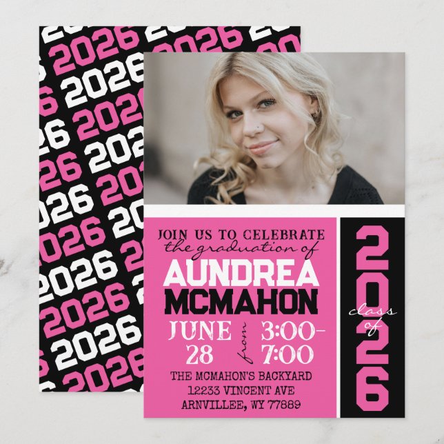 Hot Pink & Black Modern Abschluss Foto Einladung (Vorne/Hinten)