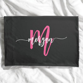 Hot Pink Black Modern Script Name Girl Monogram Kissenbezug