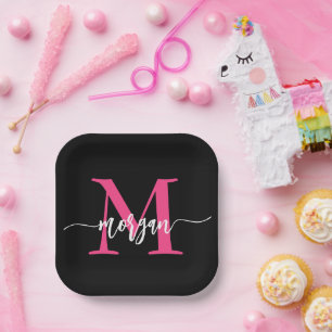 Hot Pink Black Modern Script Name Girl Monogram Pappteller