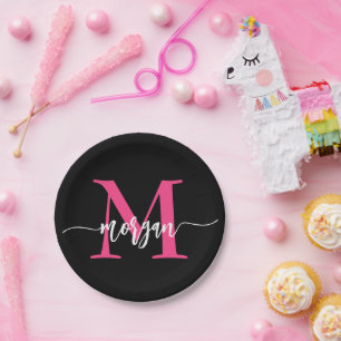 Hot Pink Black Modern Script Name Girl Monogram Pappteller