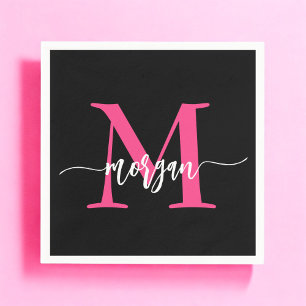 Hot Pink Black Modern Script Name Girl Monogram Serviette