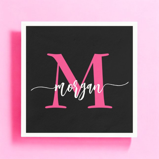 Hot Pink Black Modern Script Name Girl Monogram Serviette (Von Creator hochgeladen)