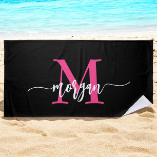 Hot Pink Black Modern Script Name Girl Monogram Strandtuch