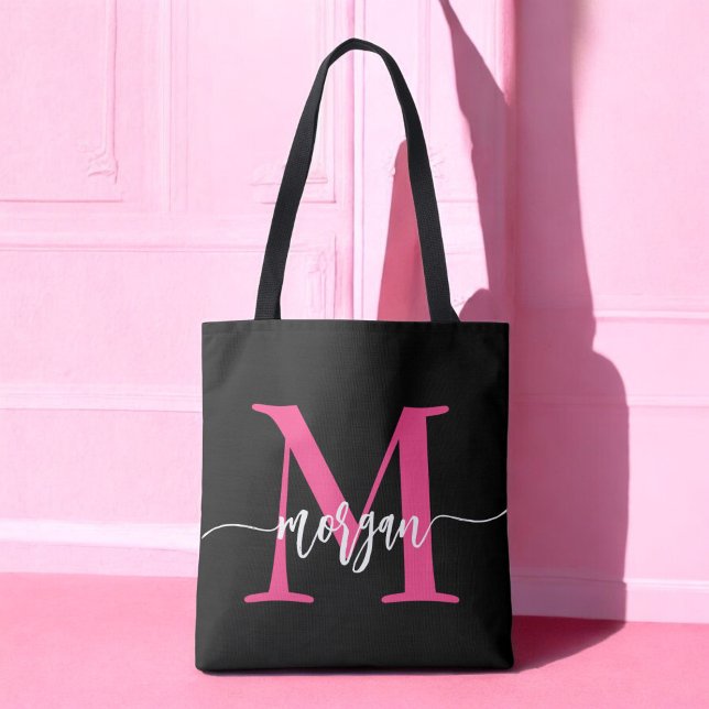 Hot Pink Black Modern Script Name Girl Monogram Tasche (Von Creator hochgeladen)