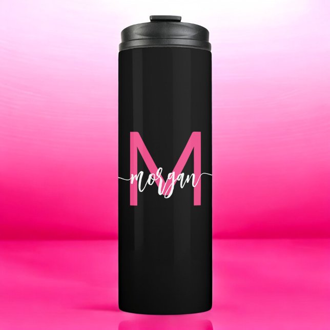 Hot Pink Black Modern Script Name Girl Monogram Thermosbecher (Von Creator hochgeladen)