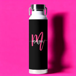 Hot Pink Black Modern Script Name Girl Monogram Trinkflasche