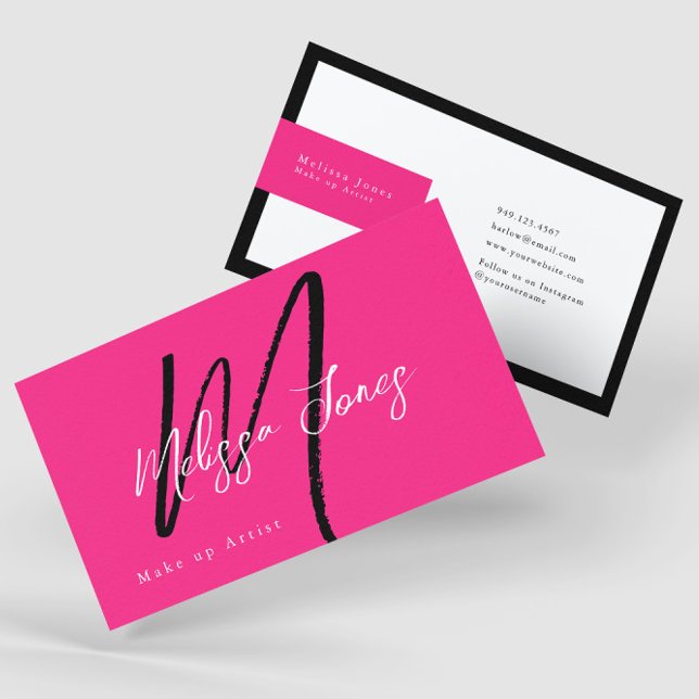 Hot Pink & Black Monogram Elegant Minimalistisch Visitenkarte (Von Creator hochgeladen)