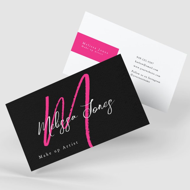 Hot Pink & Black Monogram Elegant Minimalistisch Visitenkarte (Von Creator hochgeladen)