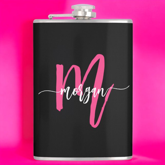 Hot Pink Black Monogram Girl's Junggeselinnen-Absc Flachmann (Von Creator hochgeladen)