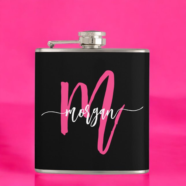 Hot Pink Black Monogram Girl's Junggeselinnen-Absc Flachmann (Von Creator hochgeladen)