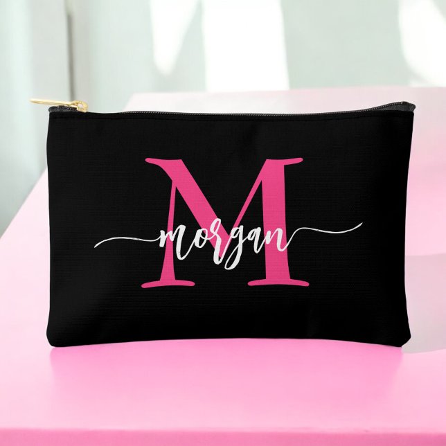 Hot Pink Black Monogram Name Girl's Script Zubehörtasche (Von Creator hochgeladen)