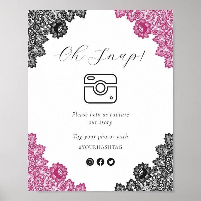 Hot Pink Black Oh Snap Social Media Wedding Sign Poster (Vorne)
