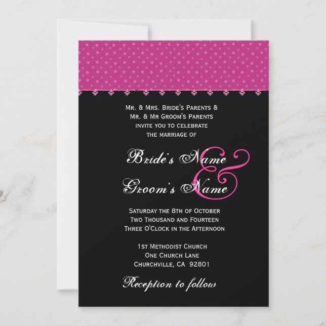 Hot Pink & Black Polka Dots Einladung Hochzeit (Vorderseite)