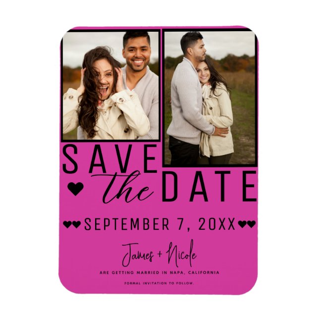 Hot Pink & Black Save the Date 2 Foto Hochzeit Magnet (Vertikal)