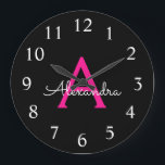 Hot Pink Black Script Girly Monogram Name Große Wanduhr<br><div class="desc">Hot Pink and Black Simple Script Monogram Name Clock. This makes the perfect sweet 16 birthday,  wedding,  bridal shower,  anniversary,  baby shower or bachelorette party gift for someone that loves glam luxury and chic styles.</div>