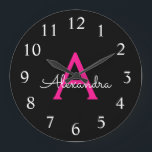 Hot Pink Black Script Girly Monogram Name Große Wanduhr<br><div class="desc">Hot Pink and Black Simple Script Monogram Name Clock. This makes the perfect sweet 16 birthday,  wedding,  bridal shower,  anniversary,  baby shower or bachelorette party gift for someone that loves glam luxury and chic styles.</div>