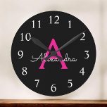 Hot Pink Black Script Girly Monogram Name Runde Wanduhr<br><div class="desc">Hot Pink and Black Simple Script Monogram Name Clock. This makes the perfect sweet 16 birthday,  wedding,  bridal shower,  anniversary,  baby shower or bachelorette party gift for someone that loves glam luxury and chic styles.</div>