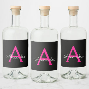 Hot Pink Black Script Name der Girl Monogram Alkoholflaschenetikett