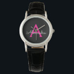 Hot Pink Black Script Name der Girl Monogram Armbanduhr<br><div class="desc">Schwarz und Heiß rosa Einfache Script Name Watch. Dies macht den perfekten Abschluss,  Geburtstag,  Hochzeit,  Brautparty,  Jubiläum,  Babydusche oder Junggeselinnen-Abschied Geschenk für jemanden,  die Lieben glamourösen Luxus und schicke Stile.</div>