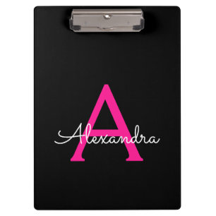 Hot Pink Black Script Name der Girl Monogram Klemmbrett